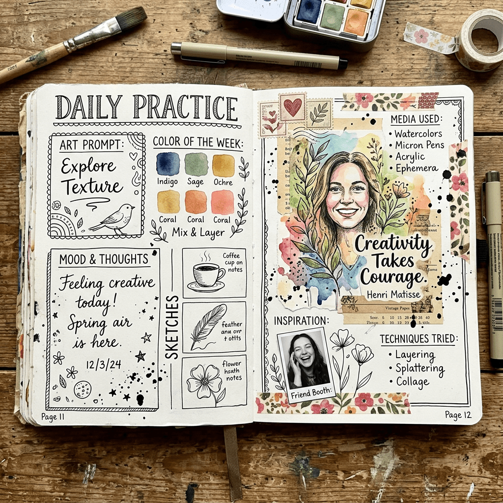 Open art journal with daily practice including art prompt, color swatches, sketches, and mixed media portrait