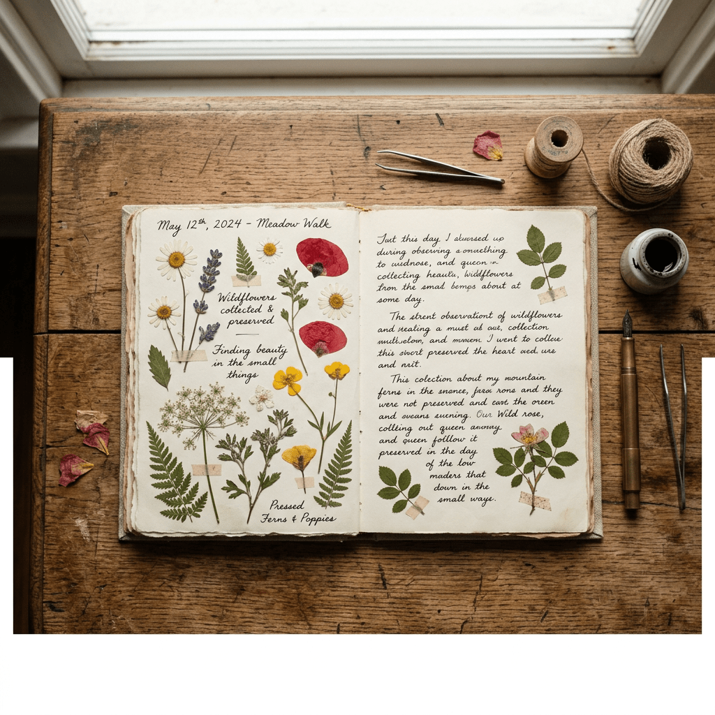 Open notebook with pressed wildflowers, handwritten botanical notes, and drawing tools on wooden table