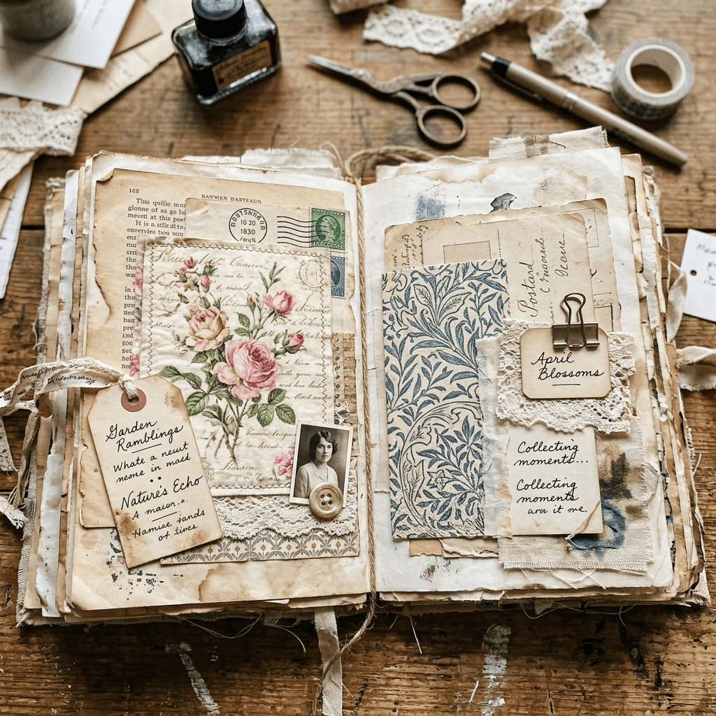 Open vintage scrapbook with floral illustration, handwritten notes, lace, and old photograph