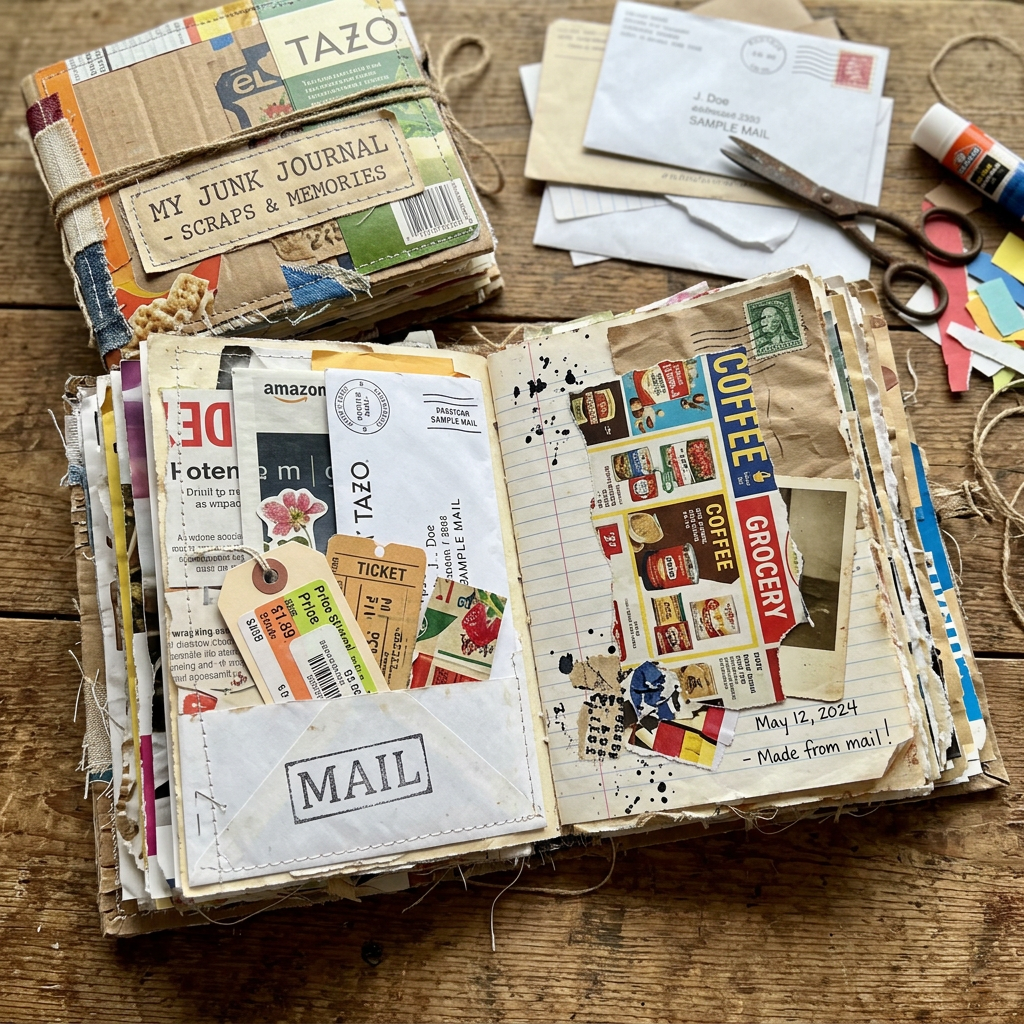 Handmade junk journal with magazine clippings, tickets, mail pieces, and handwritten notes