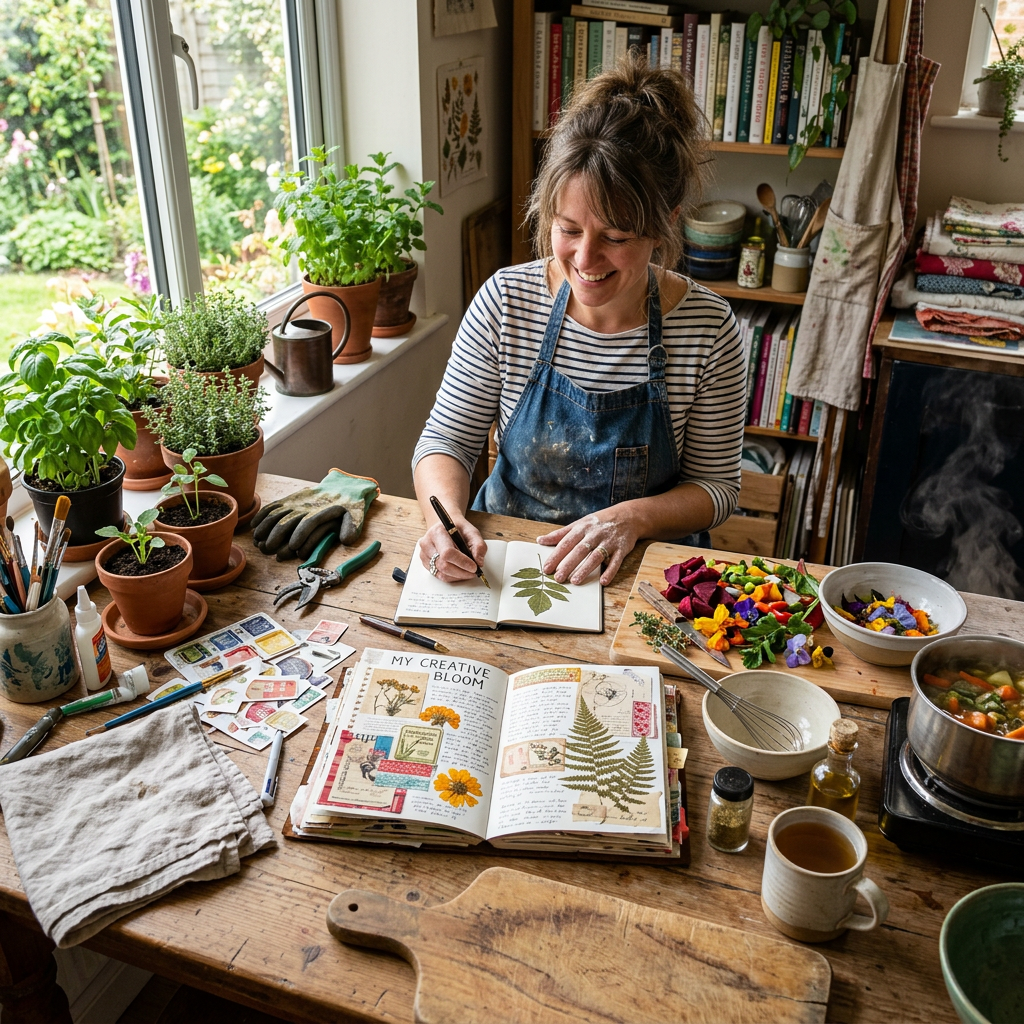 Woman writing in a journal with pressed leaves surrounded by herbs, plants, and cooking ingredients