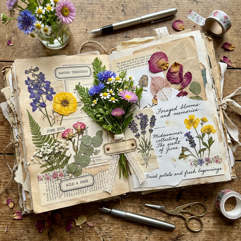 Open journal with pressed flowers, handwritten notes, and botanical illustrations