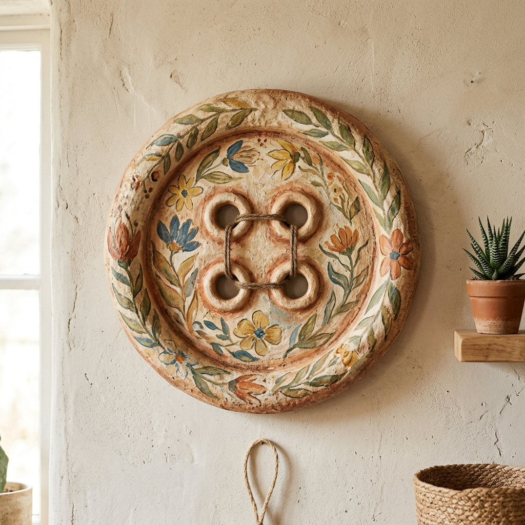 Large round ceramic wall art resembling a button with painted flowers and leaves