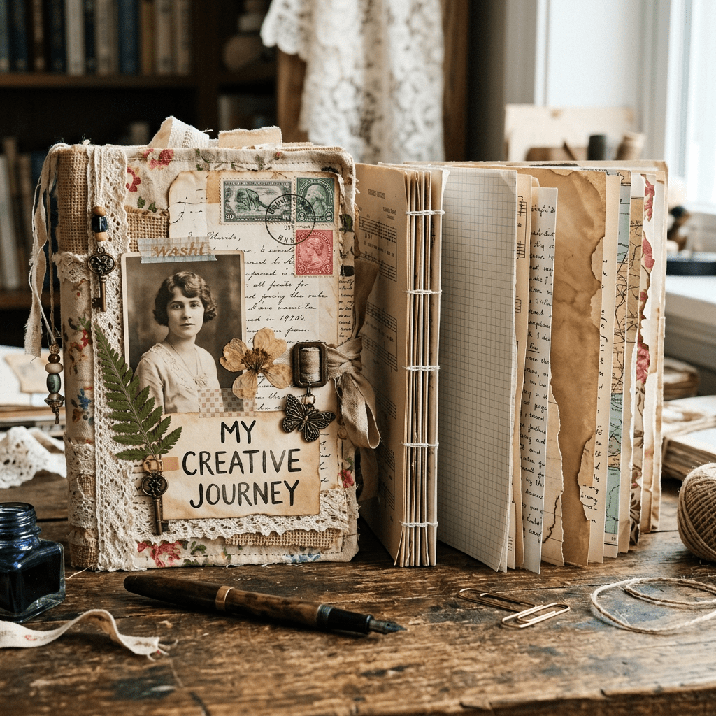 Vintage handmade journal titled 'My Creative Journey' decorated with photo, stamps, dried flowers, keys, and lace