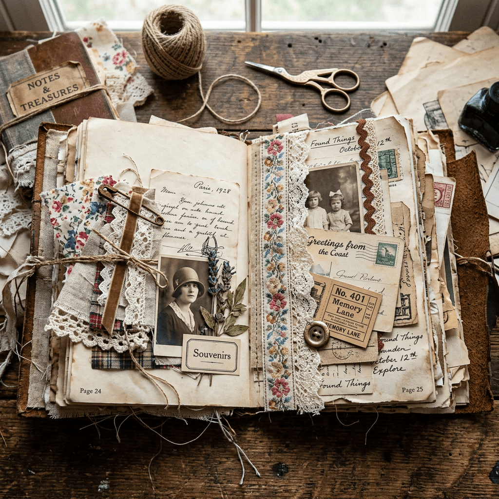 Open vintage scrapbook with old photographs, lace trims, handwritten notes, and various memorabilia