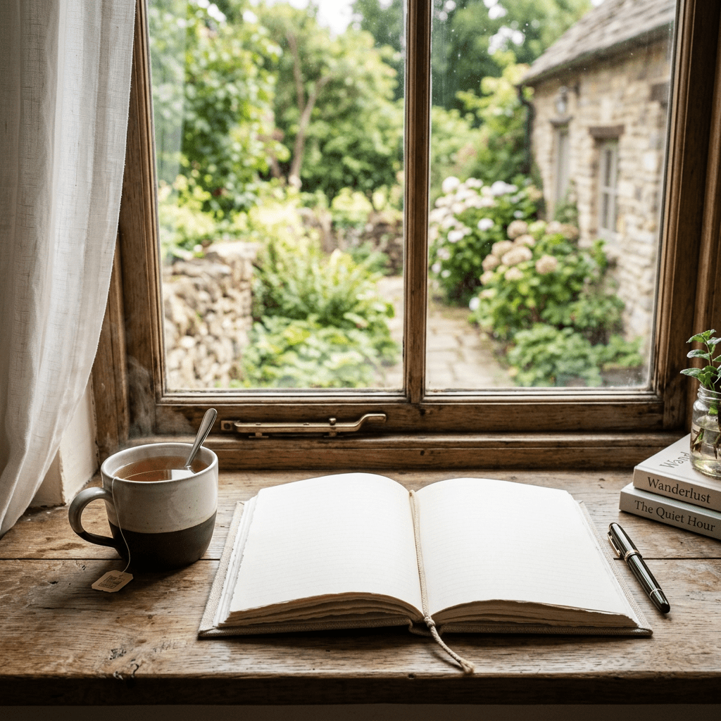 Open journal on wooden windowsill next to steaming cup of tea and garden outside