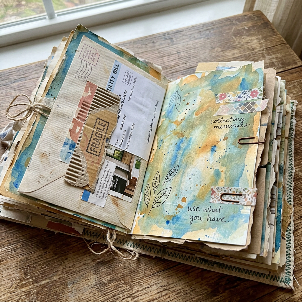 Open handmade journal featuring watercolor pages and pasted memorabilia