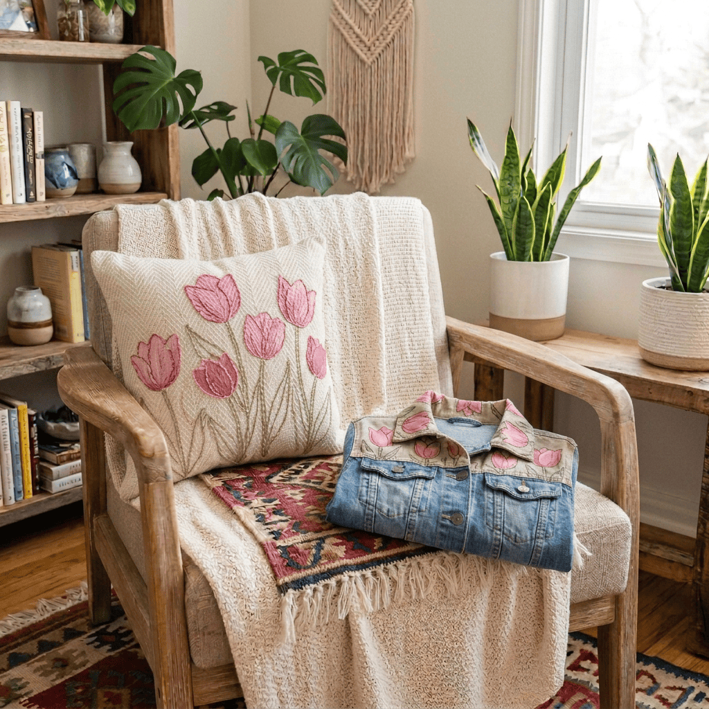 Two colorful embroidered pillows with words 'Dreamer' and 'Create' on an armchair, with a denim jacket featuring patches and embroidery reading 'Free Spirit' draped over it.
