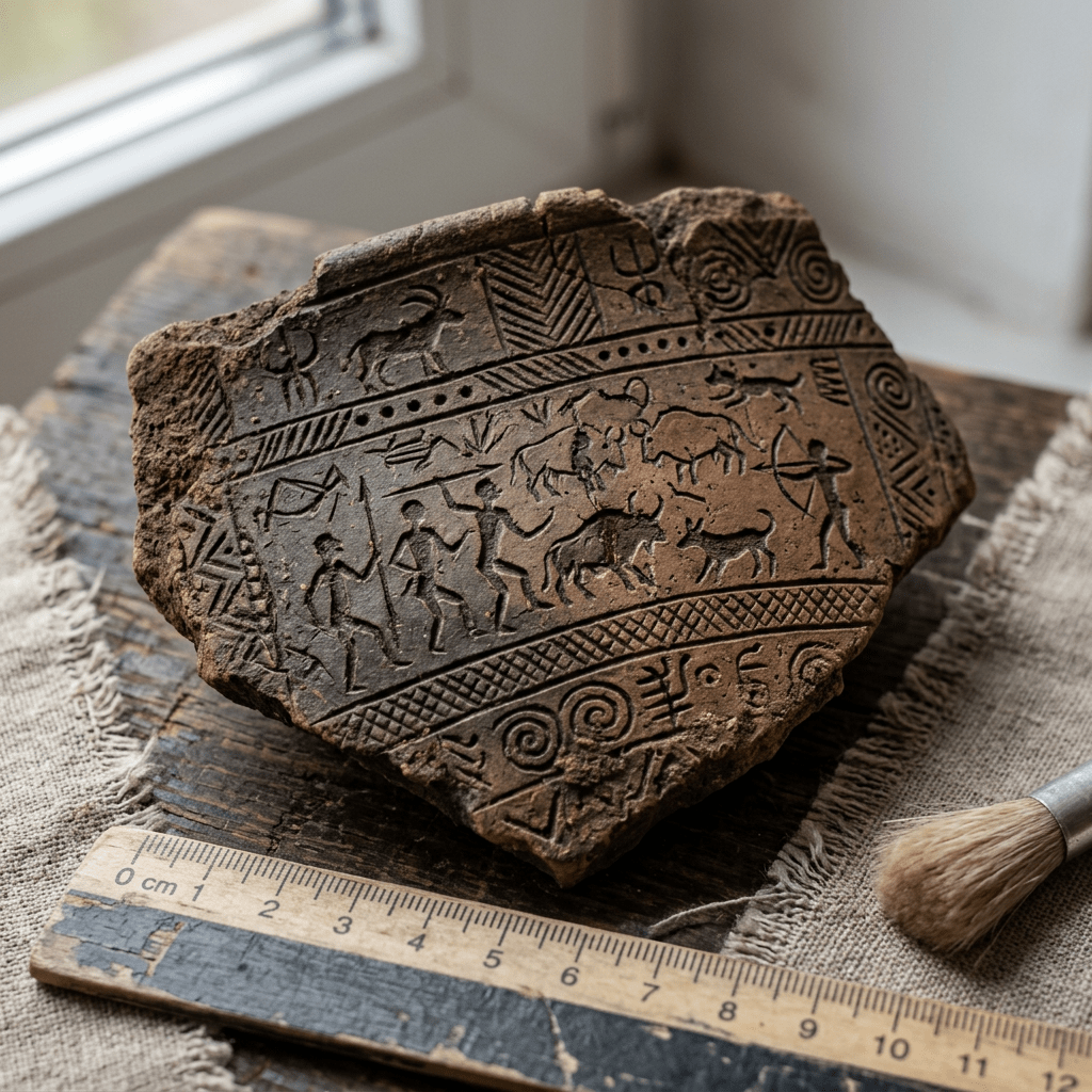 Pottery shard with ancient carvings depicting humans, animals, and symbols