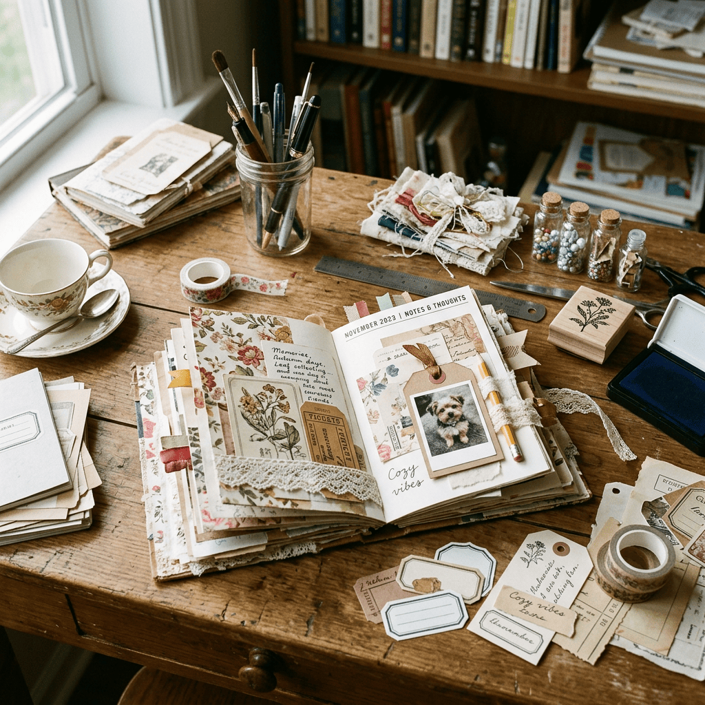 Open handmade journal surrounded by craft supplies on a wooden desk